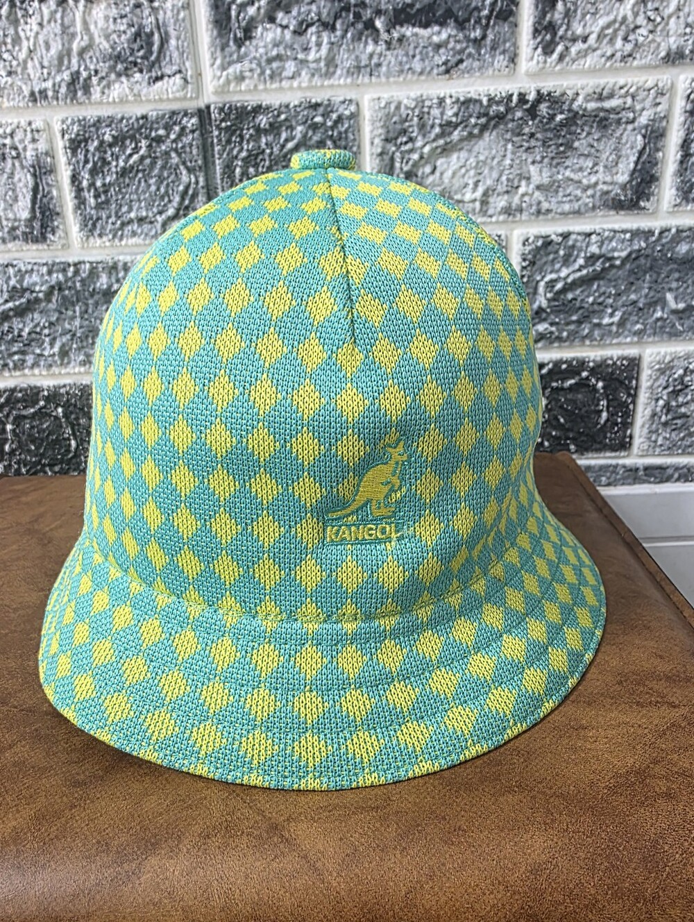 Kangol Kids Checker Knit Bucket Hat - Teal & Yellow Size L